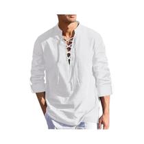 Camisas Masculinas De Manga Longa Em Algodão E Linho, Estilo Pirata, Decote Em V, Com Cordão, Tops