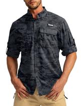 Camisas Masculinas de Pesca com Proteção Solar UPF 50+ - Manga Comprida, com Bolsos com Zíper (Camuflagem Cinza, G)