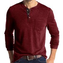 Camisas masculinas Henley ELEBFISF de manga comprida com bolso vermelho
