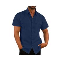 Camisas Masculinas Plus Size de Algodão e Linho - Manga Curta, Gola Alta, Casual