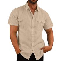 Camisas Masculinas Plus Size de Algodão e Linho - Manga Curta, Gola Alta, Casual