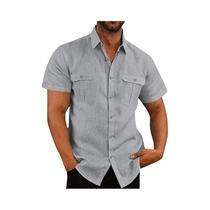 Camisas Masculinas Plus Size de Algodão e Linho - Manga Curta, Gola Alta, Casual