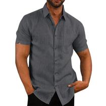 Camisas Masculinas plus Size Verão Casual Algodão Linho Manga Curta Cor Sólida Gola Virada Para