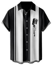 Camisas musicais masculinas com estampa de microfone de boliche vintage Camisas musicais masculinas com estampa de microfone de boliche vintage
