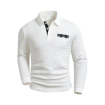 Camisas Polo Masculinas De Manga Longa Em Cores Sólidas Com Detalhes Em Xadrez E Gola Henley Com