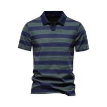 Camisas Polo Masculinas De Verão Com Listras E Decote Em V, Algodão Respirável, Manga Curta, Ajuste Camisas Polo Masculinas De Verão Com Listras E Decote Em V, Algodão Respirável, Manga Curta, Ajuste