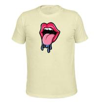 Camiseta 100% Algodão Tecido Macio Estampada Boca Lingua