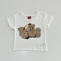 Camiseta 4/16 Kyly Branca Estampa Paris Urso com Brilho Dourado Camiseta 4/16 Kyly Branca Estampa Paris Urso com Brilho Dourado