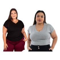 Camiseta Academia Plus Size Feminina Gola Em V Básica Malha Bem Costuradas Kit 2