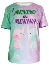 Camiseta Adulta Chá Revelação Menino ou Menina Elefantinhos Verde e Lilás