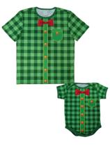 Camiseta Adulta e Body de Bebê Tal Pai Tal Filho Festa Junina Xadrez Verde Camiseta Adulta e Body de Bebê Tal Pai Tal Filho Festa Junina Xadrez Verde