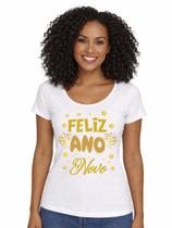 Camiseta Adulta Feminina Manga Curta Feliz Ano Novo