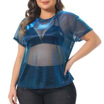 Camiseta Agnes Orinda Plus Size Sheer Mesh Holográfica Azul 2X