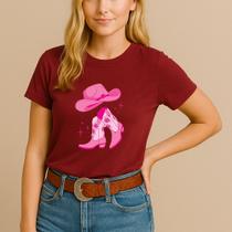 Camiseta Agodão Feminina Estamp Bota Rosa Pink Modinha Linda Delicada Menina Princesa Country Cavalo