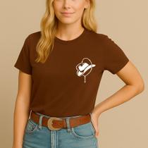 Camiseta Agodão Feminina Estamp Chapéu Terço Religioso Cowgirl Country Festa Peão Cowboy Básica