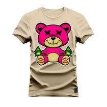 Camiseta Agodão T-Shirt Unissex Premium Macia Estampada Urso Rosa X