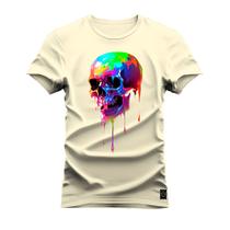 Camiseta Algodão 30.1 Premium Estampada Caveira Aquarela