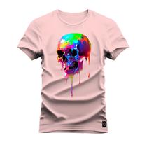 Camiseta Algodão 30.1 Premium Estampada Caveira Aquarela