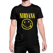 Camiseta Algodão Básica Logo Nirvana Emoji Carinha Amarela