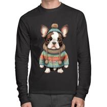 Camiseta Algodão Cachorro Bulldog Francês Natalino Manga Longa - Foca na Moda