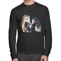 Camiseta Algodão Casal de Cavalos Watercolor Manga Longa - Foca na Moda