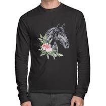 Camiseta Algodão Cavalo e Flores Manga Longa - Foca na Moda