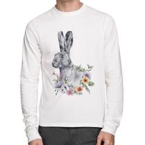 Camiseta Algodão Coelho Flores Manga Longa - Foca na Moda