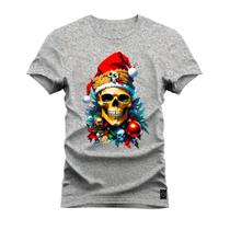 Camiseta Algodão Confortável Estampada Gola Redonda Caveira Clima Natal