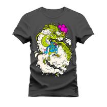 Camiseta Algodão Confortável Estampada Gola Redonda Dragon Fumaça