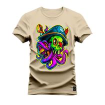 Camiseta Algodão Confortável Estampada Gola Redonda Polvo Pirata