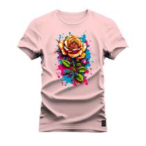 Camiseta Algodão Confortável Estampada Gola Redonda Rosa Explosiva