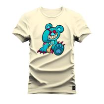 Camiseta Algodão Confortável Estampada Gola Redonda Urso Assustador