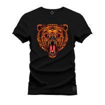 Camiseta Algodão Confortável Estampada Gola Redonda Urso Caçador