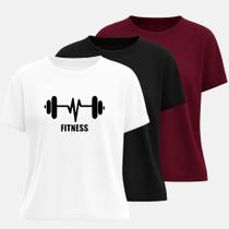 Camiseta Algodão Estampa Coração Barra Kit 3 Peças Gola Rendoda Moda Esportiva Look Confortavel Para