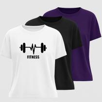 Camiseta Algodão Estampa Coração Barra Kit 3 Peças Gola Rendoda Moda Esportiva Look Confortavel Para