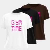 Camiseta Algodão Estampa GymTime Kit 3 Peças Power Bodybuilder Lifestyle Fitness Casual Esportiva