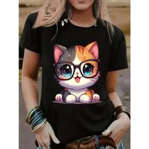 Camiseta Algodão Feminina Casual Básica Tendência Gato IA