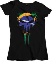 Camiseta Algodão Feminina Caveira Brasil patriota bandeira