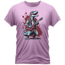 Camiseta Algodão Gola Redonda Feminino Masculino Manga Curta Estampada Dino Guitar