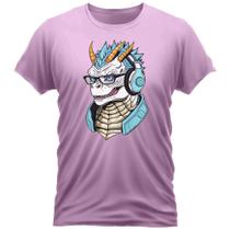 Camiseta Algodão Gola Redonda Feminino Masculino Manga Curta Estampada Dino Óculos