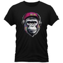 Camiseta Algodão Gola Redonda Feminino Masculino Manga Curta Estampada Monkey Boné