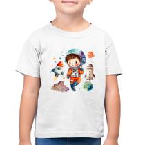 Camiseta Algodão Infantil Astronauta Criança e Foguetes - Foca na Moda