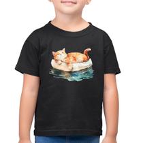 Camiseta Algodão Infantil Gatinho Relaxando na Bóia - Foca na Moda