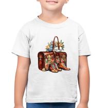 Camiseta Algodão Infantil Mala e Botas Retrô Flores - Foca na Moda