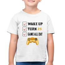 Camiseta Algodão Infantil Wake Up, Turn 25, Game All Day - Foca na Moda