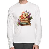 Camiseta Algodão Livros e Flores Vintage Manga Longa - Foca na Moda
