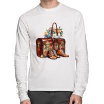 Camiseta Algodão Mala e Botas Retrô Flores Manga Longa - Foca na Moda Camiseta Algodão Mala e Botas Retrô Flores Manga Longa - Foca na Moda