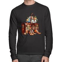 Camiseta Algodão Mala e Botas Retrô Flores Manga Longa - Foca na Moda Camiseta Algodão Mala e Botas Retrô Flores Manga Longa - Foca na Moda