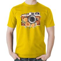 Camiseta Algodão Máquina Fotográfica Vintage e Flores - Foca na Moda
