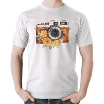 Camiseta Algodão Máquina Fotográfica Vintage e Flores - Foca na Moda
